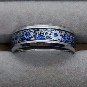 Blue Stainless Steel Steampunk Gear Inlay Men's Ring Decorative Wedding Band 10